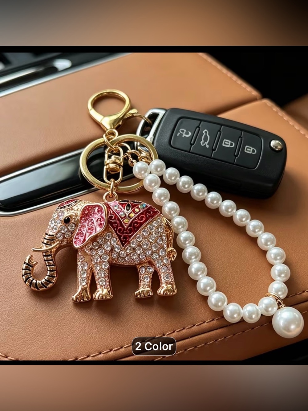 Pearl Wristlet Elephant Keychain with Gold Accents - Pink